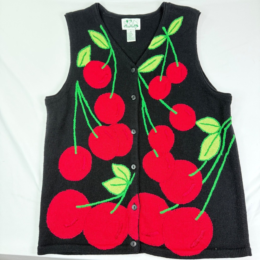 Quacker Factory Womens Black Cherry Knit Sweater Vest Ramie Cotton Medium